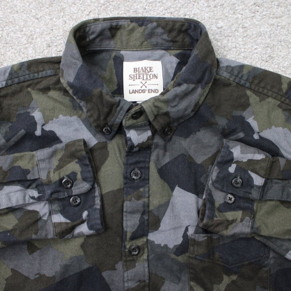 Blake Shelton‎ x Lands End Camo Shirt Mens Large 16-161/2 Green/Gray L/S Flannel